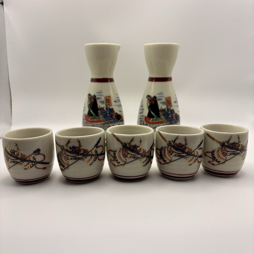 7 Pc Vintage Japanese Sake Set Tokkuri Ochoko Ceramic Hand Painted Horses Sword